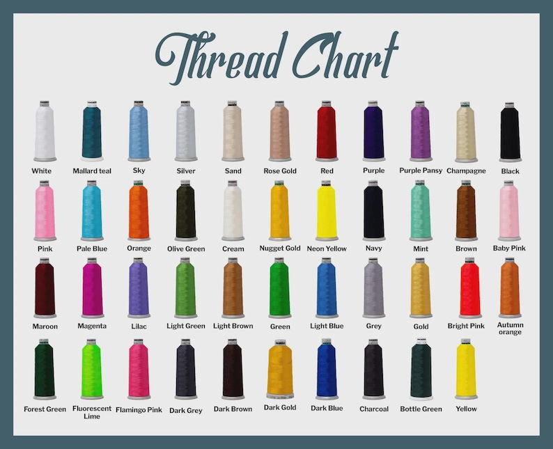 May include: A thread chart with a variety of thread colors, including white, black, pink, and blue. The chart is labeled "Thread Chart" in a cursive font. Each thread color is displayed on a spool with its corresponding name.