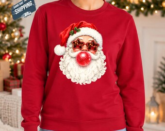 Cool Santa Christmas Sweatshirt, Retro Santa Star Sunglasses Jumper, Funny Bubblegum Xmas Top, Cute Festive Gift, Trendy Christmas Women Top