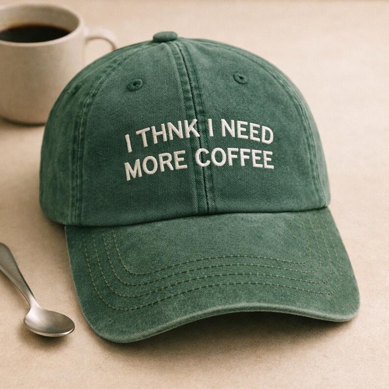 May include: Green baseball cap with the embroidered text "I THINK I NEED MORE COFFEE" in white. The cap has a curved peak and a button on top. A coffee mug and spoon are in the background.