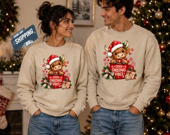 Highland Cow Christmas Sweatshirt, Cozy Christmas Vibes Crewneck, Cute Santa Cow Sweater, Highland Coo Xmas Gift, Farm Animal Pullover Top