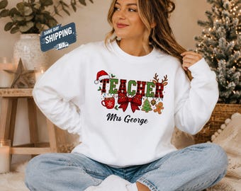 Personalized Teacher Christmas Sweatshirt, Custom Name Teacher Sweater, Buffalo Plaid Santa Hat Crewneck, Teacher Appreciation Xmas Gift Top