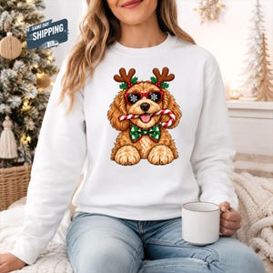 May include: A white long-sleeve sweatshirt featuring a graphic of a golden-brown dog wearing red reindeer antlers, red-rimmed sunglasses with snowflake lenses, and a green bow tie with a candy cane held in its mouth.