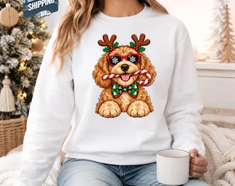 Cockapoo Christmas Sweatshirt, Cute Doodle Dog Reindeer Antlers Jumper, Festive Cavapoo Xmas Top, Dog Lover Gifts, Cosy Christmas Sweatshirt