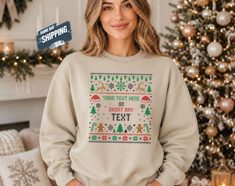 Custom Ugly Christmas Sweatshirt, Personalized Text Knit Pattern Crewneck, Funny Holiday Party Sweater, Family Matching Christmas Gift Tops