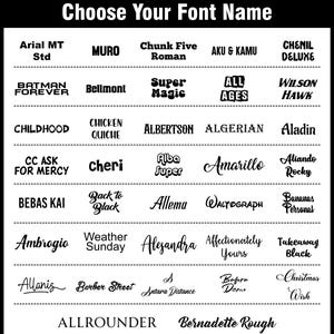 Puede incluir: Una tabla en blanco y negro titulada Choose Your Font Name, que muestra una cuadr&iacute;cula de treinta y dos estilos de fuente distintos en varios tipos de letra, incluidos Arial MT Std, Muro, Chunk Five Roman, Aku & Kamu, Chenil Deluxe, Batman Forever.