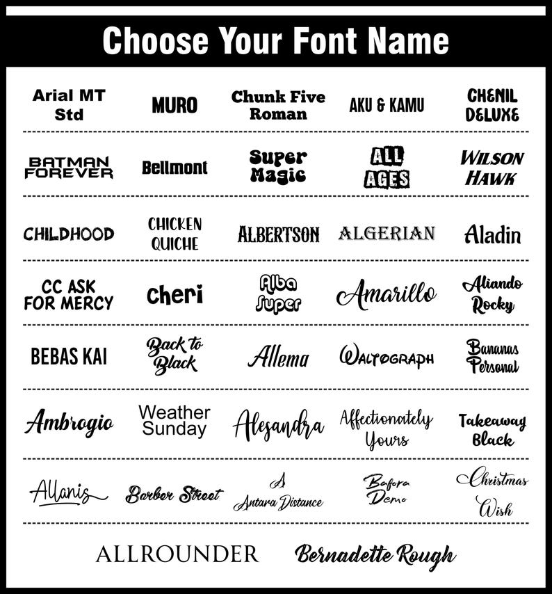 Puede incluir: Una tabla en blanco y negro titulada Choose Your Font Name, que muestra una cuadr&iacute;cula de treinta y dos estilos de fuente distintos en varios tipos de letra, incluidos Arial MT Std, Muro, Chunk Five Roman, Aku & Kamu, Chenil Deluxe, Batman Forever.