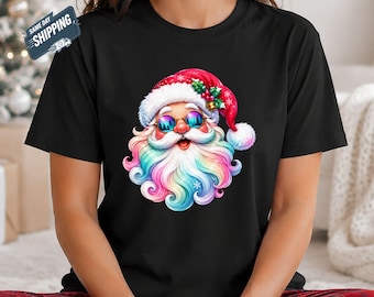 Rainbow Santa Christmas Shirt, Colourful Santa Sunglasses Tee, Cute Cool Xmas Top, Funky Festive Gift, Bright Pastel Christmas Women T Shirt