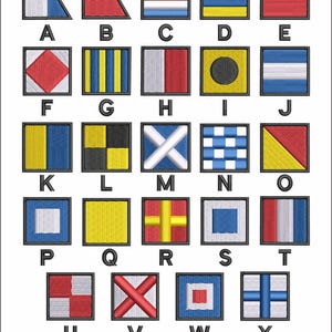 May include: Embroidered nautical signal flags, each within a square frame, representing letters A through Z. The flags feature various colors and patterns, including stripes, crosses, and geometric shapes. The text "AVAILABLE ICONS" is at the top.