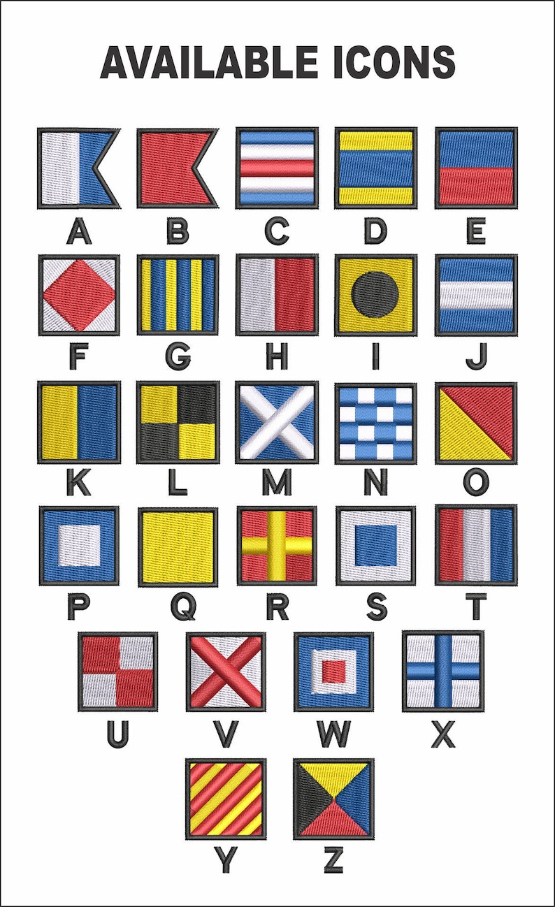 May include: Embroidered nautical signal flags, each within a square frame, representing letters A through Z. The flags feature various colors and patterns, including stripes, crosses, and geometric shapes. The text "AVAILABLE ICONS" is at the top.