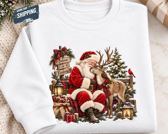 Believe in Kindness Sweatshirt, Santa Hugging Reindeer Christmas Sweater, Vintage Rustic Plaid Crewneck, Cardinal Lantern Xmas Holiday Gift
