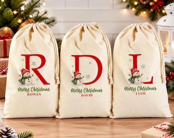 Sac de Noël personnalisé avec nom et initiale, sac cadeau bonhomme de neige, sac cadeau de Noël pour enfants, chaussette de Noël personnalisée, souvenir de famille