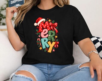 Merry Christmas Shirt, Colorful Stacked Letters Christmas Tee, Stitched Look Santa Hat Candy Cane Holiday T-Shirt, Cute Xmas Gift His & Her