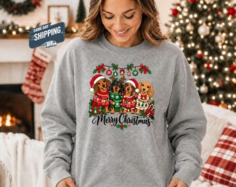 Merry Christmas Dachshund Sweatshirt, Cute Sausage Dog Christmas Sweatshirt, Funny Dog Lover Holiday Crewneck, Festive Wiener Dog Gift Top
