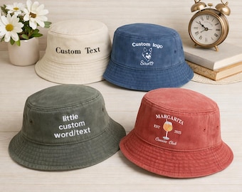 Embroidered Bucket Hat, Custom Text or Logo Bucket Hat, Personalised Camping Hat, Vintage Womens Bachelor Party Hat, Unisex Holiday Gift Hat