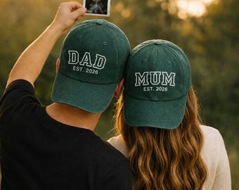 Custom Embroidered Mum and Dad EST 2026 Hat, Pregnancy Reveal Cap, Baby Announcement Gift, New Parents Baseball Hat, Father Day Gift for Dad