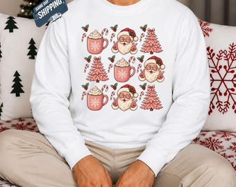 Retro Pink Santa Christmas Sweatshirt, Hippie Santa Peace Sign Sweater, Pink Christmas Tree Hot Cocoa Crewneck, Candy Cane Holiday Gift Top