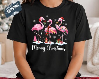 T-shirt de Noël Flamant rose, T-shirt mignon Joyeux Noël Flamant rose, Haut tropical de Noël, Cadeau pour les amoureux des flamants roses, Cadeau de Noël festif et amusant pour elle