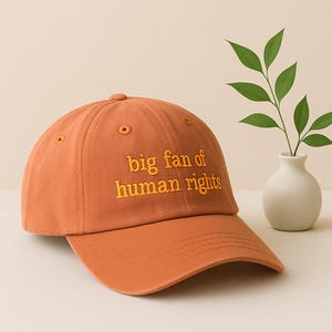 May include: A rust-colored baseball cap with the embroidered text "big fan of human rights" in yellow. The cap has a curved brim and a button on top. The background includes a small white vase with a green plant.