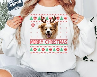 Personalised Pet Photo Sweatshirt, Custom Dog Face Ugly Christmas Sweater, Merry Christmas Jumper, Dog Mom Gift, Reindeer Antlers Xmas Top