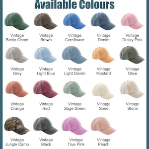 May include: A variety of vintage-style baseball caps in various colors, including green, brown, blue, pink, grey, orange, red, and camo. The text "Available Colours" is at the top of the image, with each cap labeled with its color name.