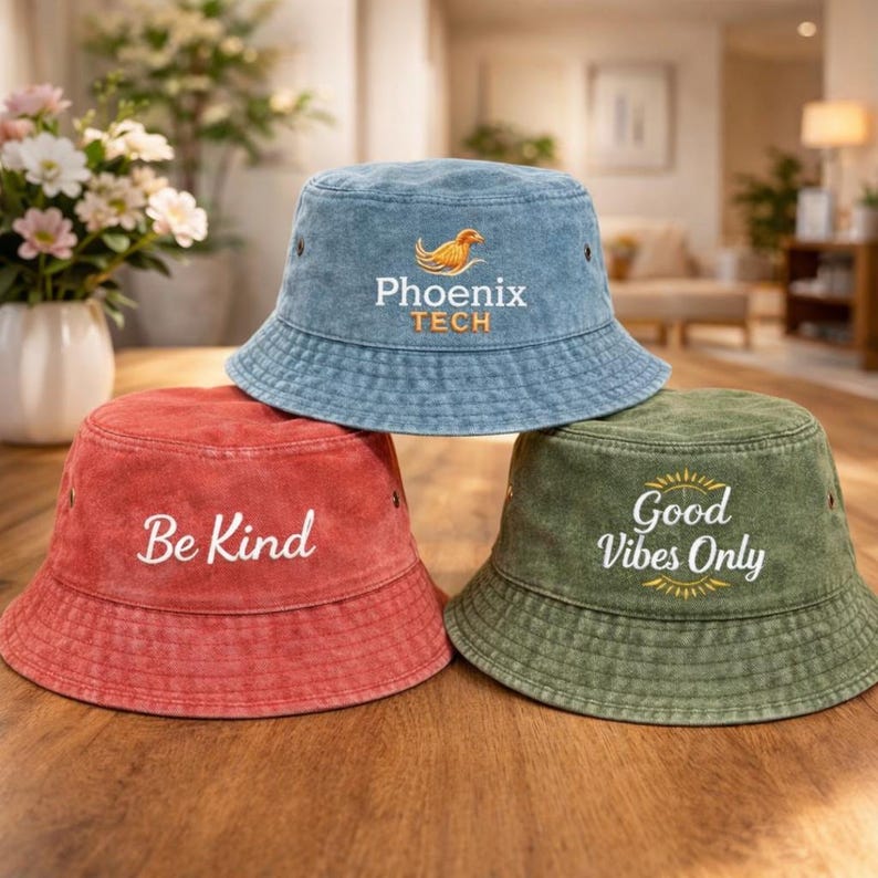 May include: Three bucket hats in shades of red, blue, and green are stacked on a wooden surface. The blue hat has "Phoenix TECH" embroidered on it, the red hat says "Be Kind", and the green hat says "Good Vibes Only".
