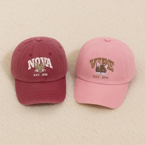 May include: Two baseball caps. One is maroon with "NOVA" and a cat graphic, EST. 2016. The other is pink with "VIBE" and a cat graphic, EST. 2019. Both caps have curved brims and adjustable straps.