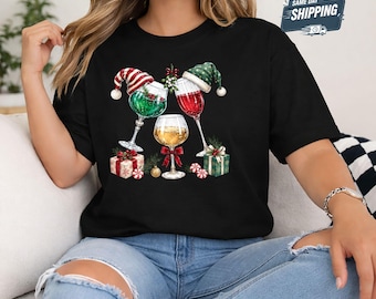 Christmas Wine Glasses Shirt, Cute Santa Hat Wine Tee, Funny Holiday Wine Lover T-Shirt, Womens Xmas Party Gift, Festive Wine Christmas Top
