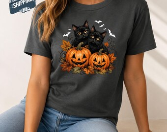 Halloween T-shirt met zwarte katten en pompoen, schattig T-shirt met kittens en pompoen, griezelig herfst T-shirt met katten, Halloween cadeau voor kattenliefhebbers, top met herfstvleermuizen en katten