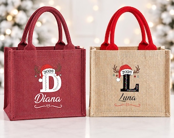 Sac de Noël en jute personnalisé avec nom et initiale, cabas en forme de bonnet de Père Noël, sac cadeau de Noël, sac cabas en toile de jute personnalisé, cabas de Noël réutilisable
