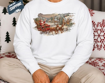 Vintage Santa Sleigh Sweatshirt, Retro Christmas Village Crewneck Jumper, Reindeer Winter Scene Sweater, Mens Xmas Gift, Classic Holiday Top