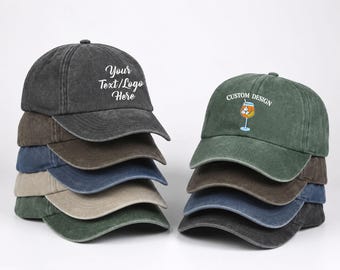 Custom Text or Logo Printed Baseball Cap, Vintage Washed Dad Hat, Personalized Printed Cap, Custom Team Hat, Business Logo Hat, Gift for Him
