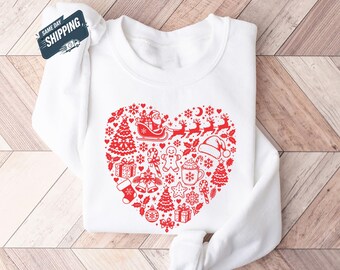 Christmas Heart Sweatshirt, Cute Festive Icon Collage Jumper, Santa Reindeer Xmas Top, Christmas Lover Gift for Her, Cosy Holiday Sweatshirt
