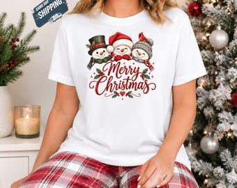 Merry Christmas Snowman Shirt, Cute Snowman Trio Christmas Tee, Cardinal Winter Holiday T-Shirt, Cozy Snowmen Shirt, Christmas Gifts Shirt