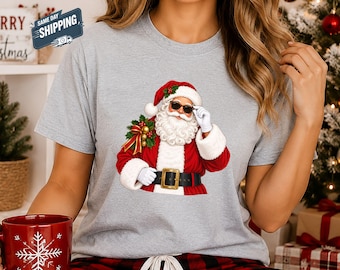 Cool Santa Claus Shirt, Santa with Sunglasses Christmas Tee, Retro Vintage Santa T-Shirt, Classic Holiday Xmas Gift Shirt for Women and Men