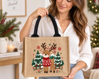 Christmas Burlap Gift Tote Bag, Reindeer Polar Bear Jute Tote, Woodland Winter Gift Bag, Holiday Reusable Tote for Wine or Gift, Hostess Bag