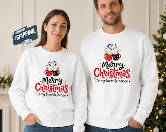 Merry Christmas To My Favorite Person Sweatshirt, Couples Matching Christmas Sweater, Hot Cocoa Hearts Crewneck, Husband Wife Xmas Gift Top