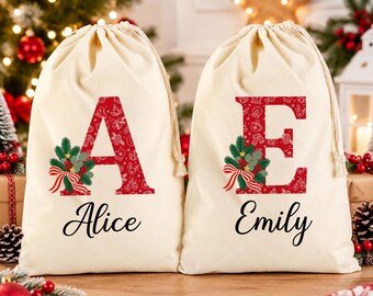 Gepersonaliseerde kerstzak met naam en initialen, kerstzak met bloemenprint, kerstcadeautas voor kinderen, kerstsokzak met eigen naam, tas als aandenken voor het gezin