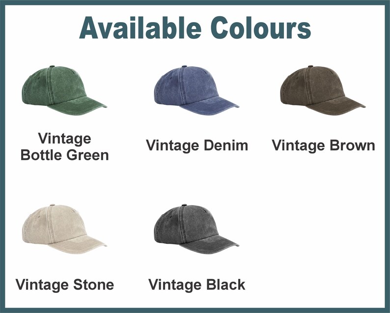 Puede incluir: Una colecci&oacute;n de cinco gorras de b&eacute;isbol mostradas en una cuadr&iacute;cula con el texto Available Colours en la parte superior. Las gorras se presentan en verde botella vintage, denim vintage, marr&oacute;n vintage, piedra vintage y negro vintage, con visera.