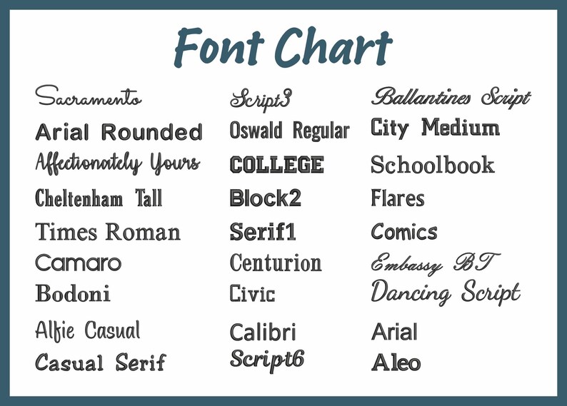 May include: A white background displays a "Font Chart" with various font styles. The chart includes fonts like "Sacramento," "Arial Rounded," "Times Roman," and "Bodoni." The text is in a dark teal color, with a teal border.
