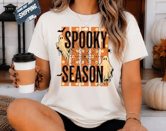 Spooky Season Ghost Shirt, Retro Halloween Spider Web Tee, Vintage Ghost T-Shirt, Womens Halloween Ghost Shirt, Cute Fall Spooky Vibes Top