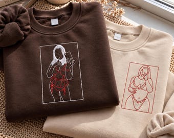 Custom Embroidered Line Art Sweatshirt, Personalized Boudoir Portrait Crewneck, Photo Outline Embroidery Jumper, Embroider Spicy Picture Top