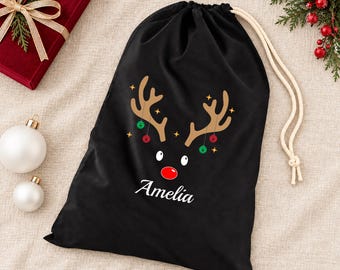 Sac de Noël personnalisé avec nom, sac de Noël avec un adorable renne, sac cadeau de Noël pour enfants, chaussette de Noël personnalisée, sac souvenir de famille