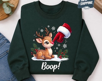 Santa Boop Reindeer Sweatshirt, Cute Baby Deer Red Nose Christmas Sweater, Funny Boop Xmas Crewneck, Holiday Reindeer Gift For Animal Lover