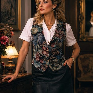 Puede incluir: Una camisa blanca de manga corta con cuello usada debajo de un chaleco oscuro con un patrón de tapiz floral multicolor y botones dorados, combinada con una falda negra. El chaleco tiene un escote en V y un corte estructurado y entallado.