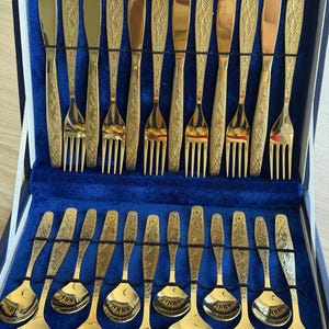 Vintage Uralochka Gold Plated Cutlery Set for 6 Persons USSR New 24 Pcs Stainless Steel Soviet Flatware Gift Box