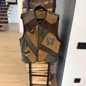 Chaleco de cuero Alphorn vintage con patchwork – Estilo Trachten para hombre, verde y marrón, botones decorativos, EU50 / L