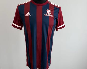 Camiseta de fútbol americano vintage Adidas Denstone College con rayas burdeos y azul marino, talla S