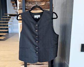 Vintage Carmen Trachten Vest – Black Alpine Waistcoat – Edelweiss Buttons – EU 40/US8