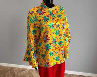 Vintage 70s Hippie Disco Set Handmade Floral Psychedelic Tunic Bell Sleeve Flared Pants Flower Power L