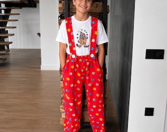 Vintage handgemaakt clownkostuum voor kinderen van 10–11 jaar | 100% katoenen circusoutfit | Retro jaren 80 en 90 verkleedkleding | Hoogte 140–146 cm